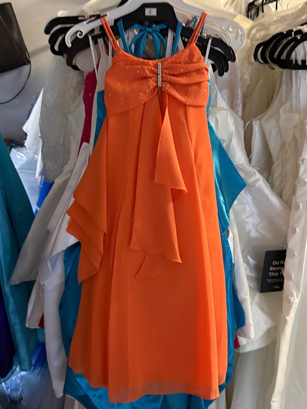 Girls Orange Sleeveless Party Dress with Bow Detail